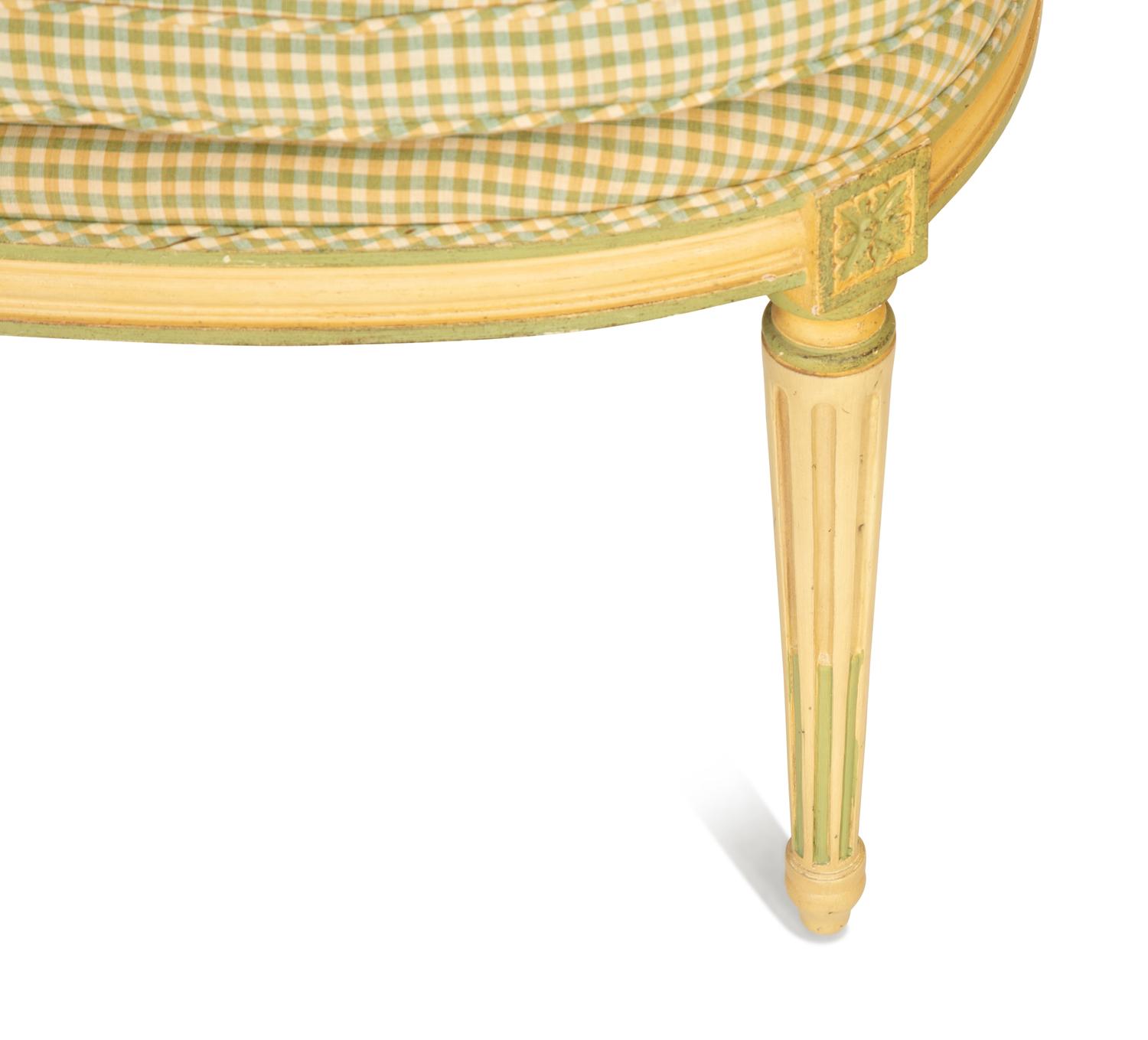 A Pair of Louis XVI Style Painted Caned Back Side Chairs with a Marble Top Gueridon