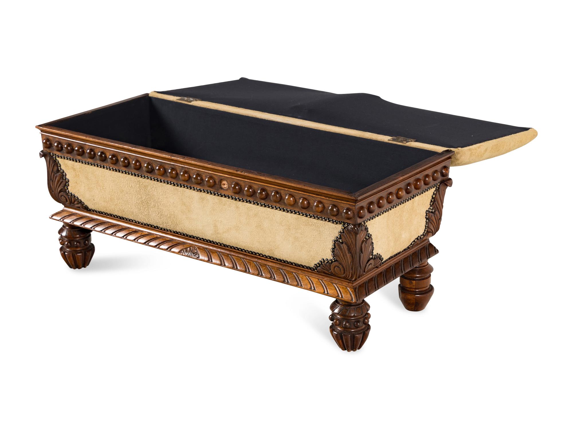 An English Suede Upholstered Rosewood Hall Bench