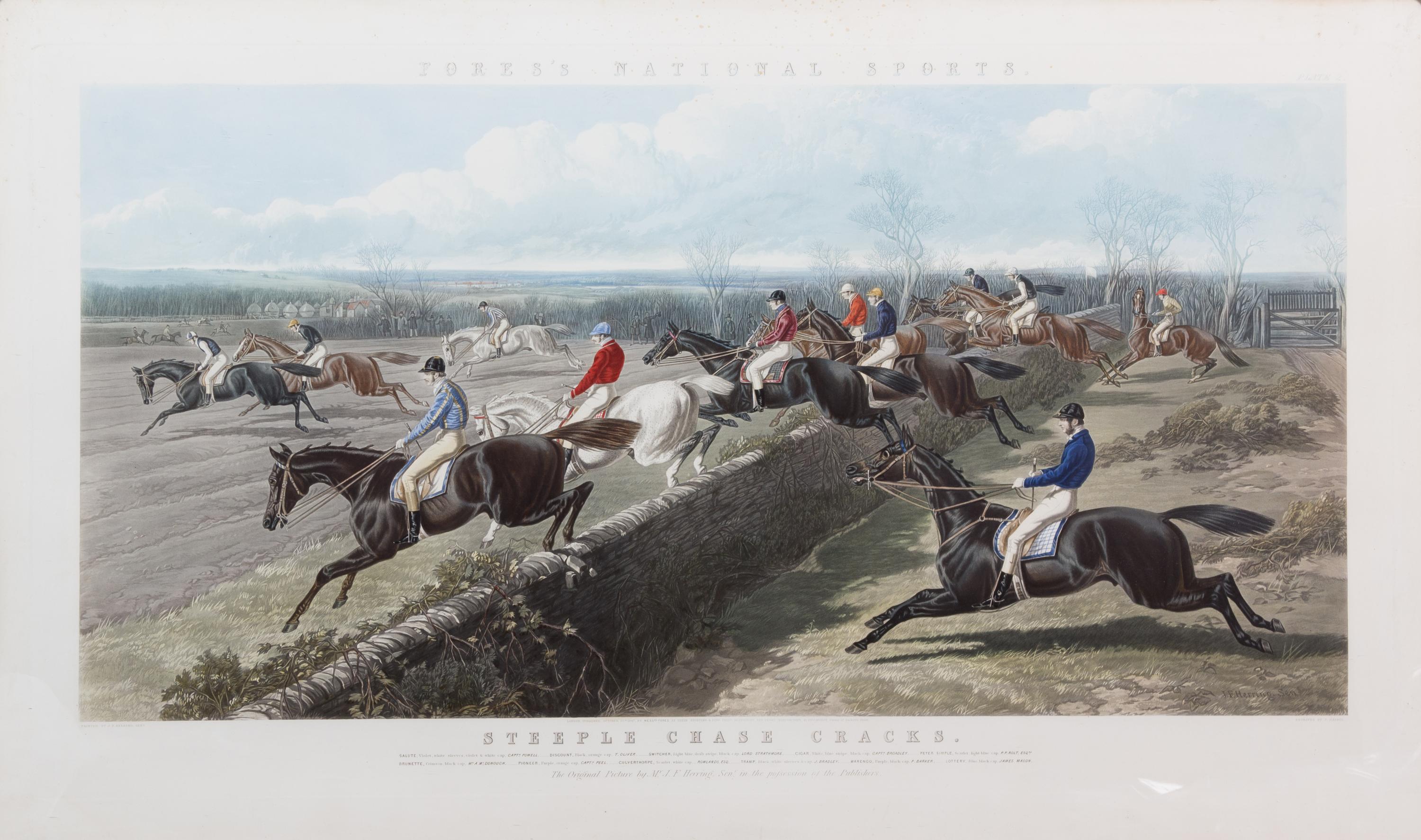 John Frederick HERRING Sr., after - J. HARRIS, engraver Image 20 1/2 x 41 1/2 inches. — Fore's National Sports Steeple Chase Cracks - Fore's National Sport Fox Hunting, The Meet, Plate I