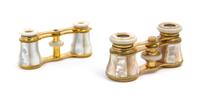 Two Pairs of French Mother-of-Pearl Veneered Opera Glasses, Width of first 3 3/4 inches.
