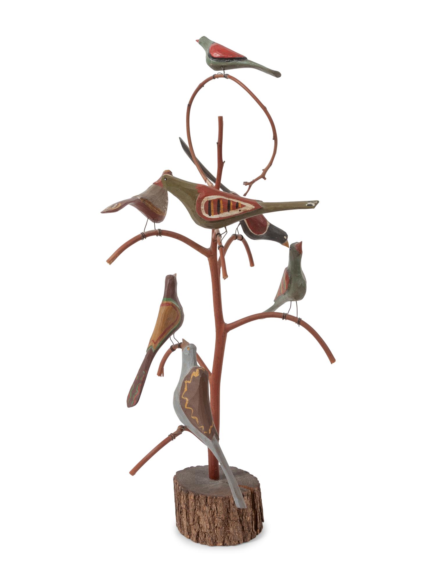 A Folk Art Carved Bird Tree by Dan Strawser
