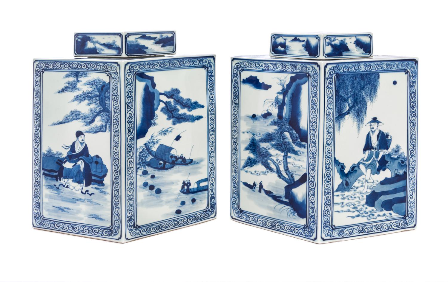 A Pair of Large Chinese Blue and White Porcelain Jars Height 13 1/2 inches. — 20TH CENTURY