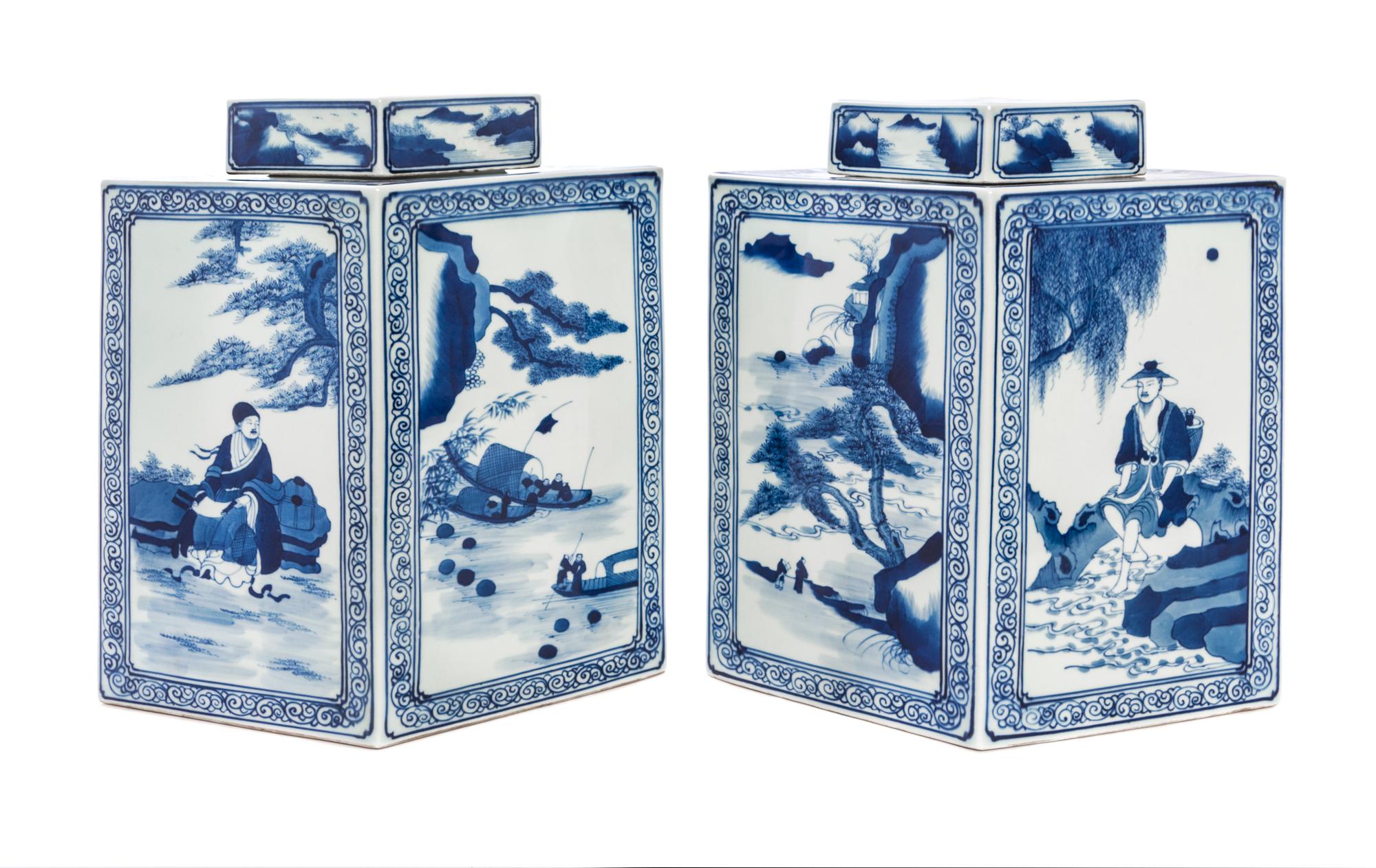 A Pair of Large Chinese Blue and White Porcelain Jars Height 13 1/2 inches. — 20TH CENTURY