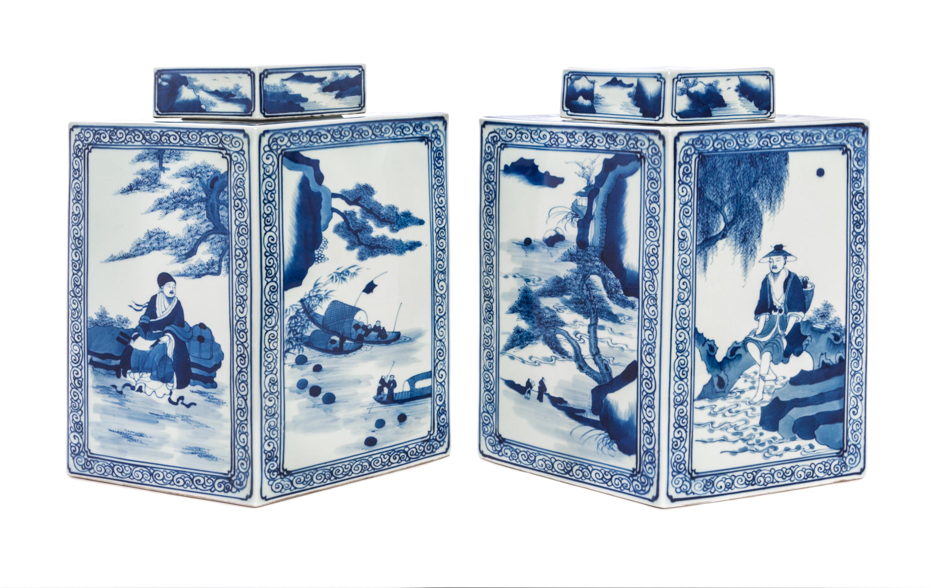 A Pair of Large Chinese Blue and White Porcelain Jars Height 13 1/2 inches. — 20TH CENTURY