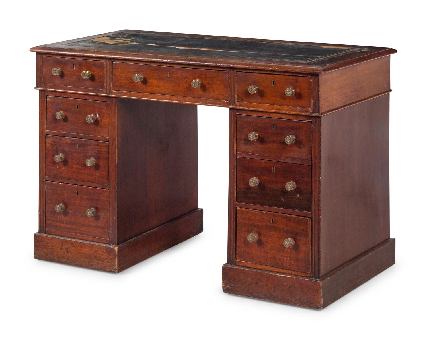 A George III Style Leather Inset Mahogany Pedestal Writing Desk