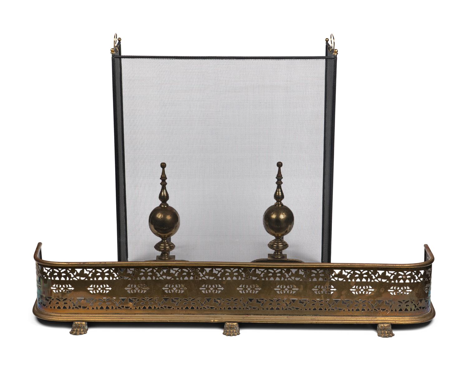 An English Brass Fireplace Fender and Pair of Andirons