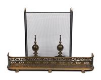 An English Brass Fireplace Fender and Pair of Andirons