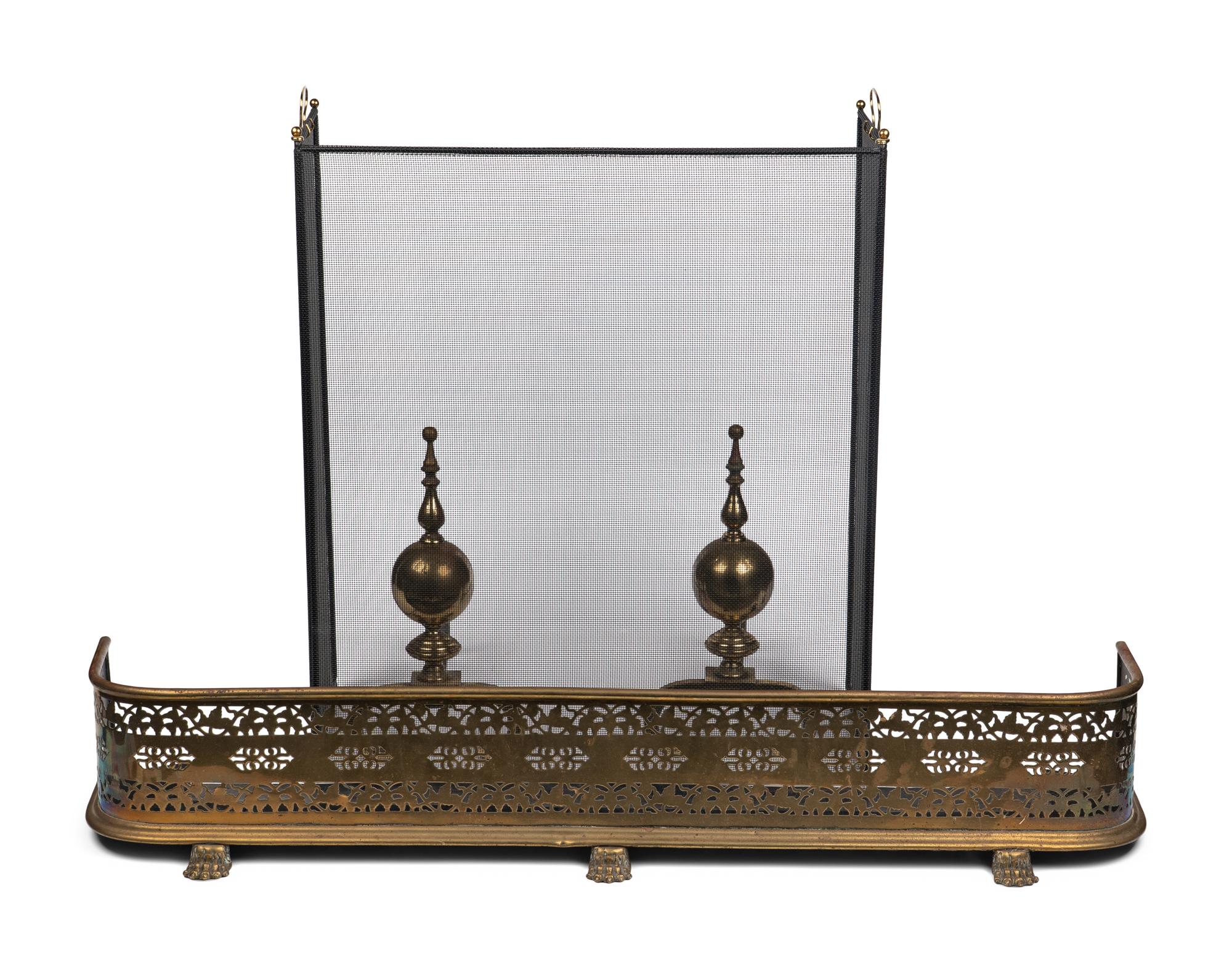 An English Brass Fireplace Fender and Pair of Andirons