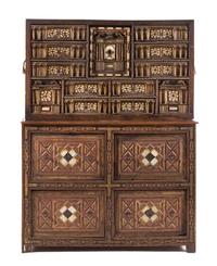 A Spanish Painted, Parcel Gilt and Bone Inlaid Oak Vargueno Height 55 3/4 x width 42 3/4 x depth 17 1/2 inches. — 16TH CENTURY