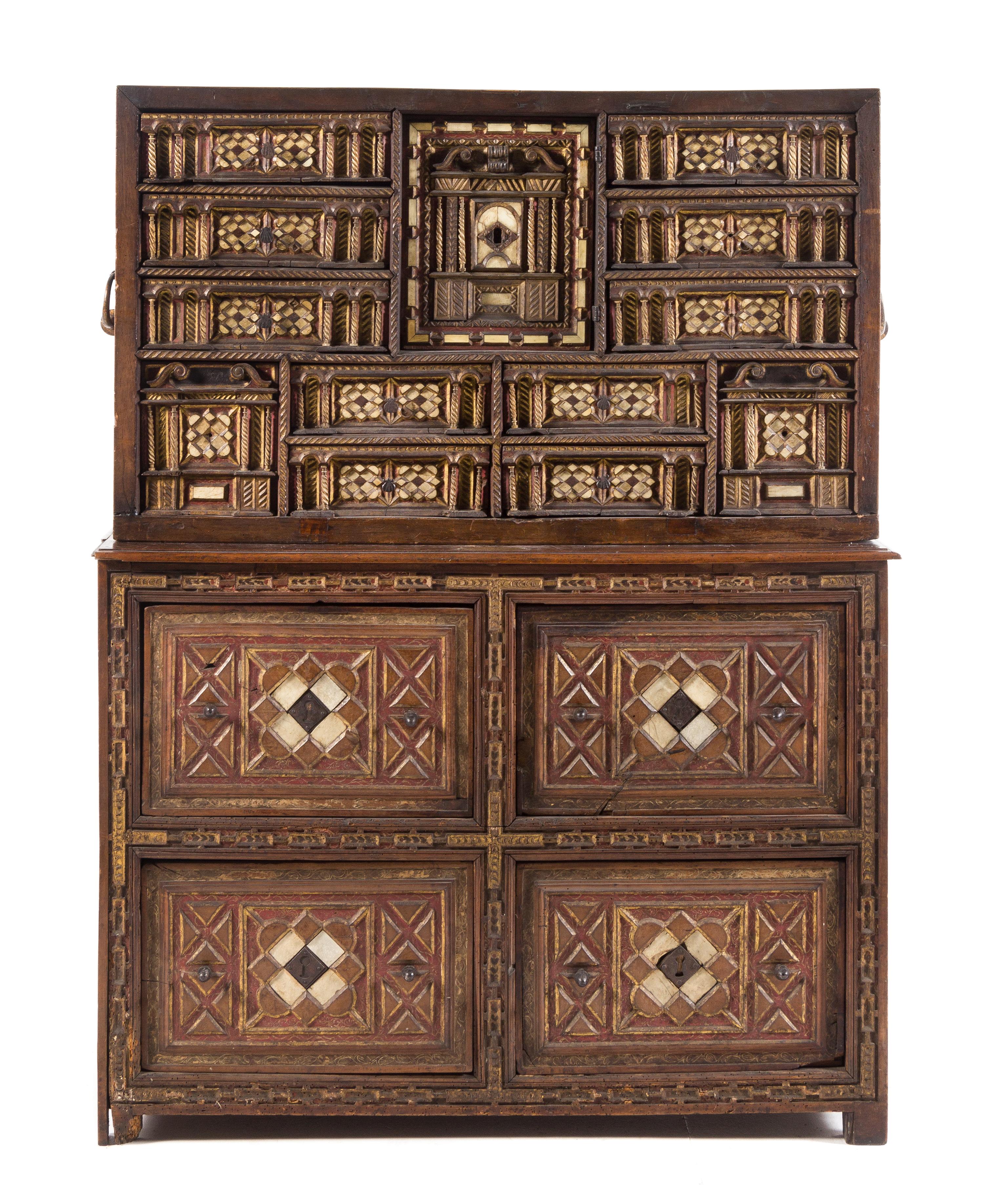 A Spanish Painted, Parcel Gilt and Bone Inlaid Oak Vargueno Height 55 3/4 x width 42 3/4 x depth 17 1/2 inches. — 16TH CENTURY