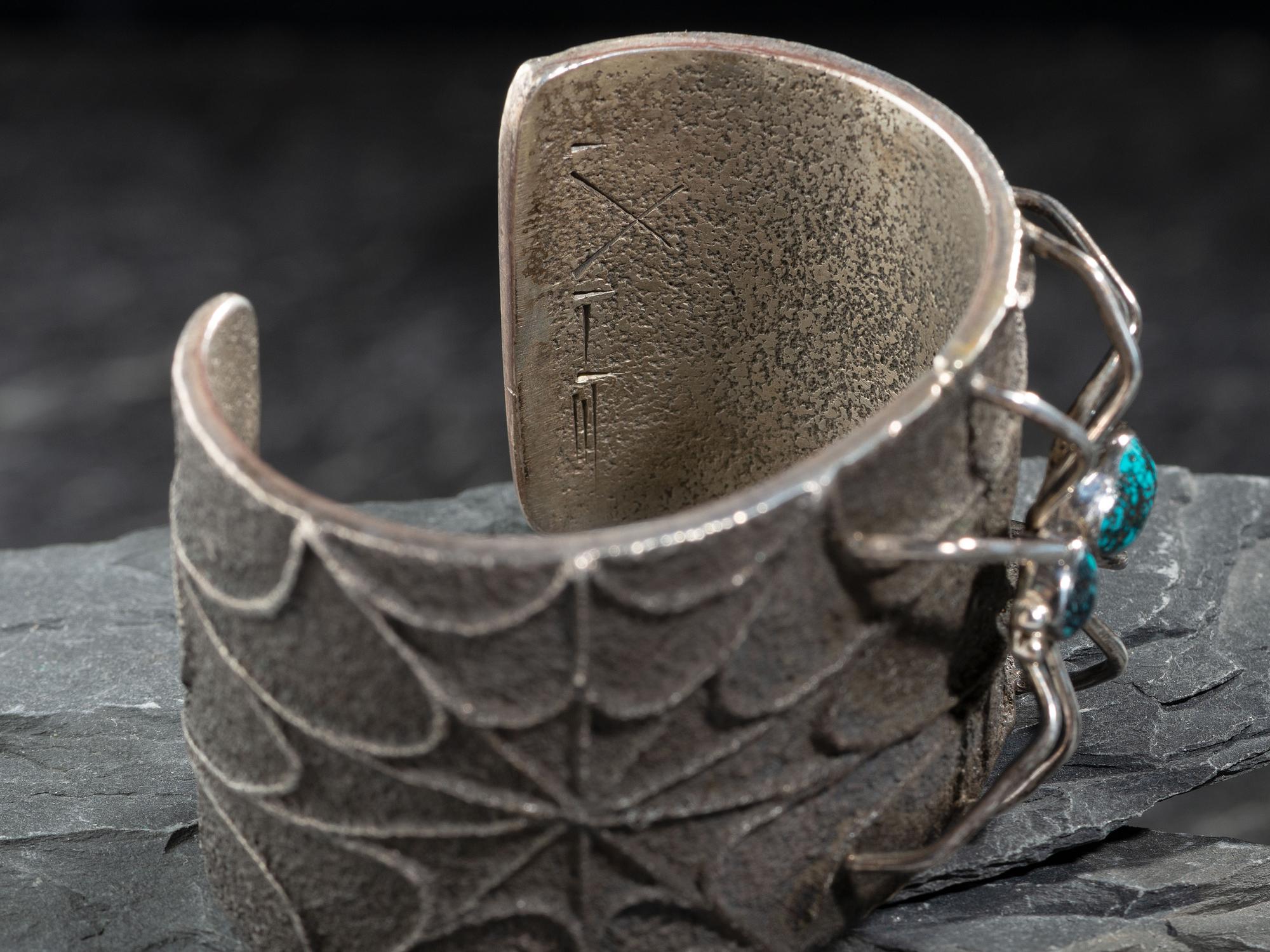 Silver Tufa Cast Spiderweb Cuff Bracelet, with Turquoise Spider