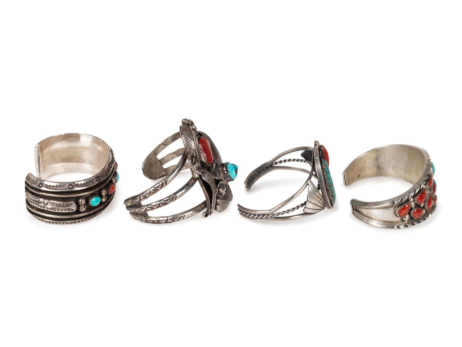 Navajo and Zuni Silver, Turquoise, and Coral Cuff Bracelets