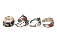 Navajo and Zuni Silver, Turquoise, and Coral Cuff Bracelets