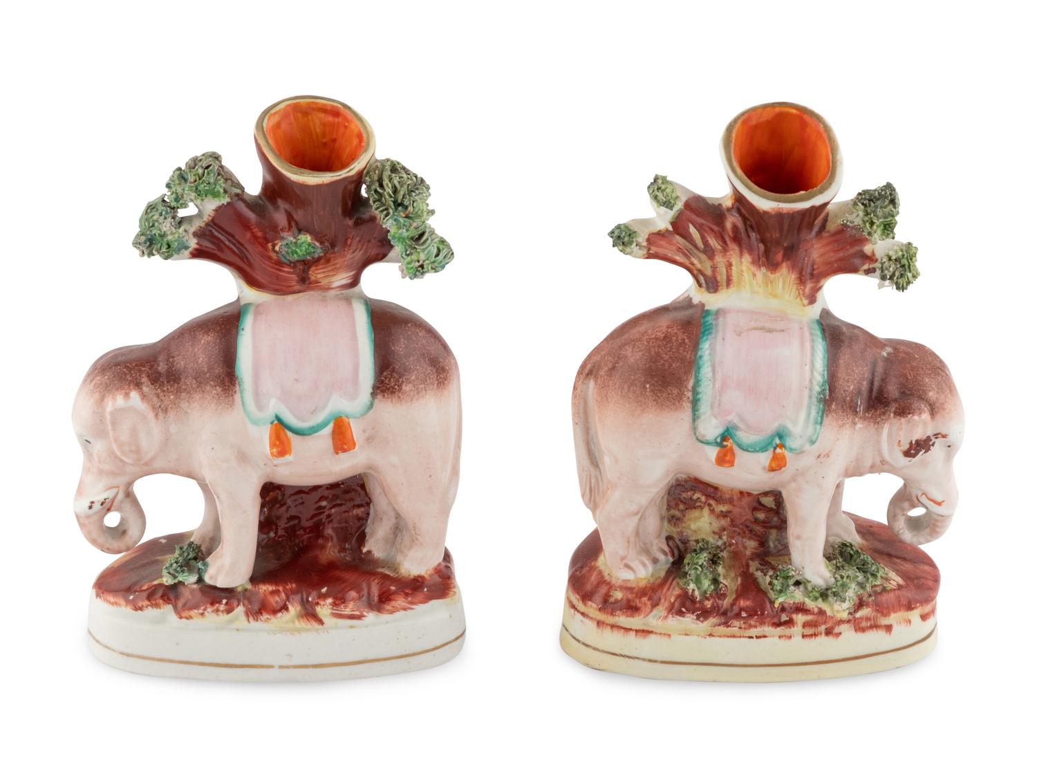 A Pair of Staffordshire Elephant-Form Spill Vases