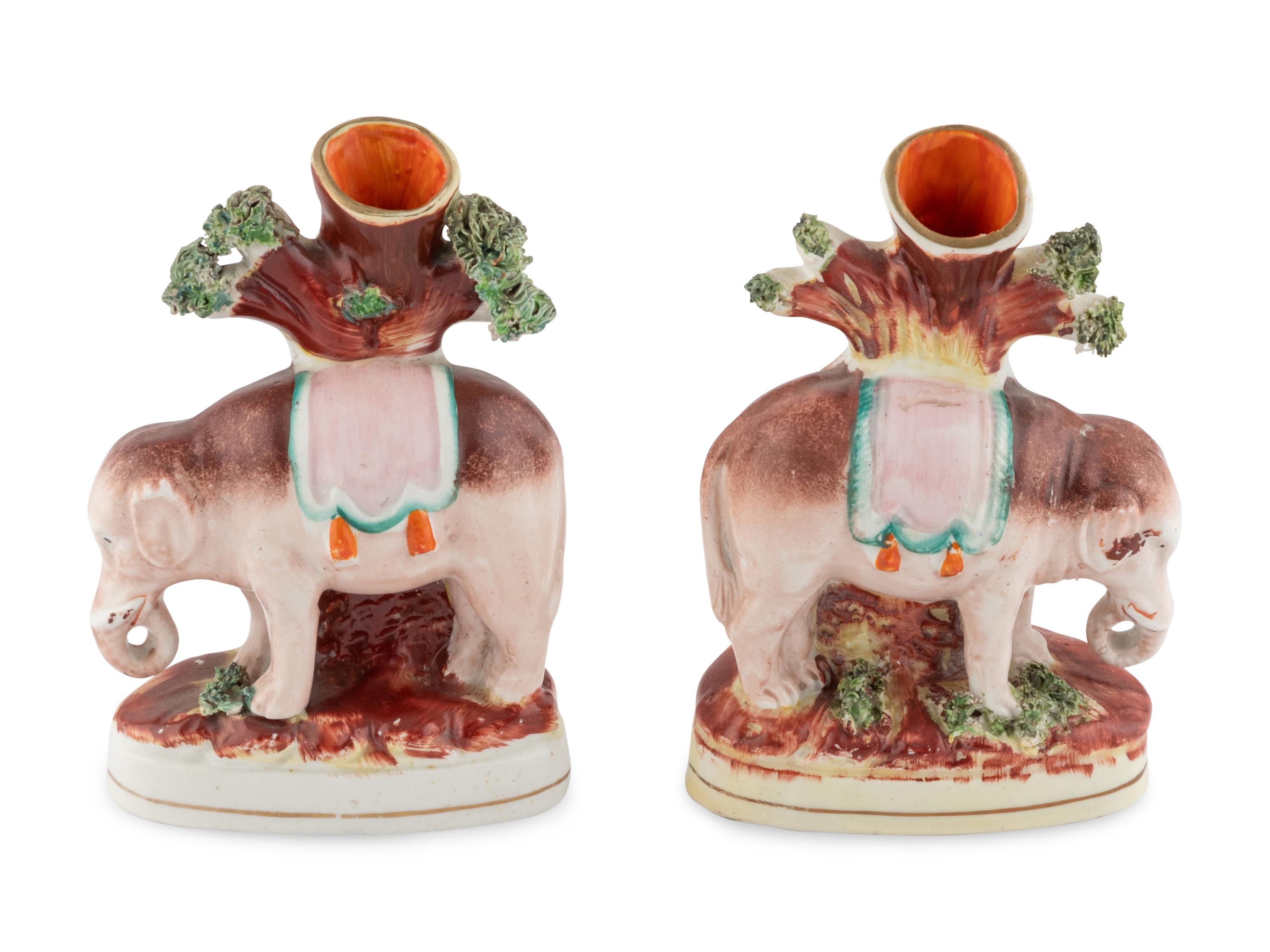 A Pair of Staffordshire Elephant-Form Spill Vases
