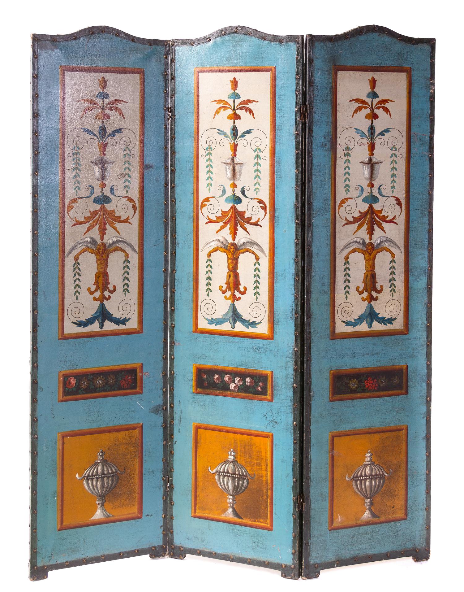 An Italian Painted Three-Panel Floor Screen, Height 69 x width of each panel 18 inches.