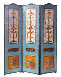 An Italian Painted Three-Panel Floor Screen, Height 69 x width of each panel 18 inches.