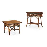 Two polychrome painted rattan and oak occasional tables american, circa 1910