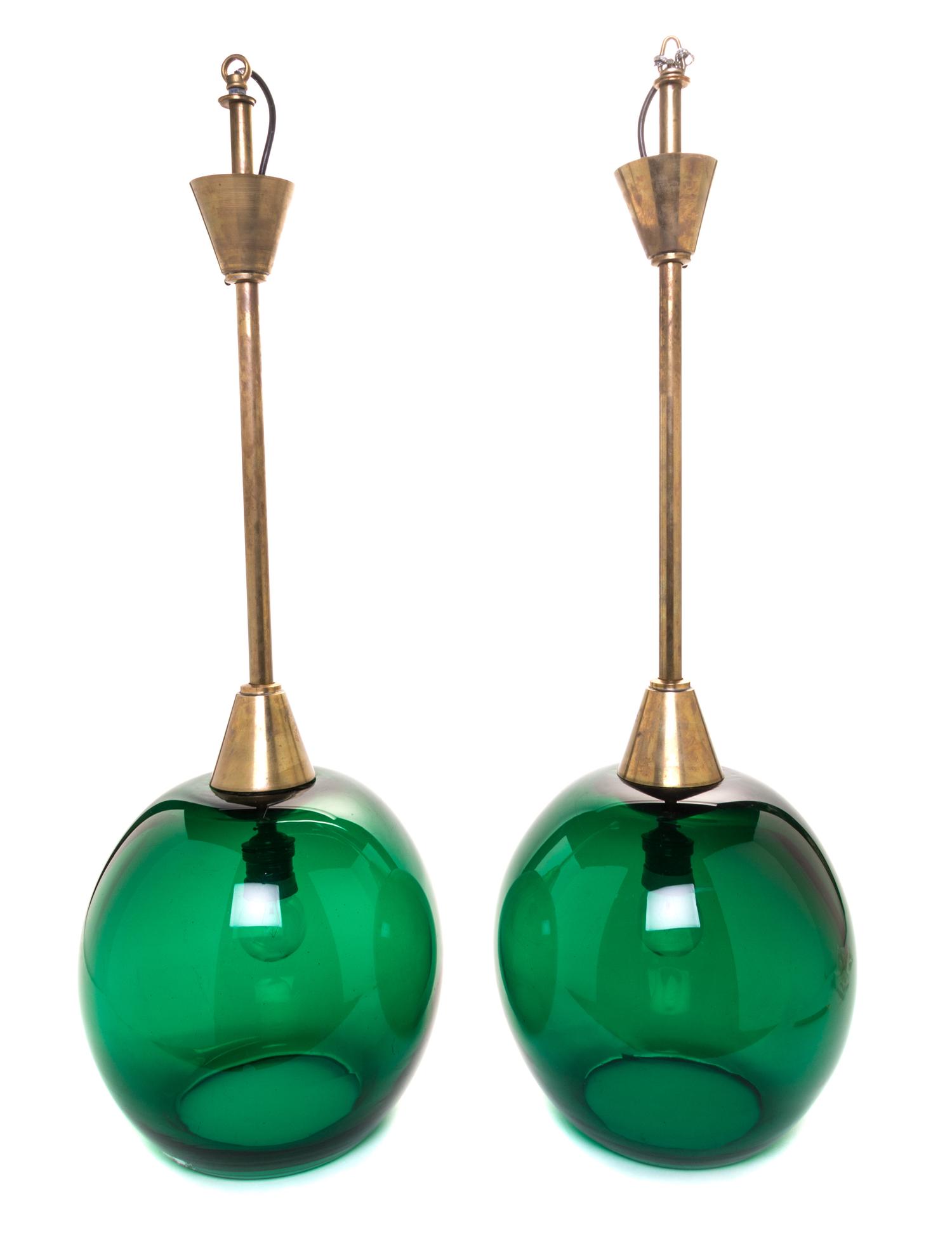 A Pair of Brass and Glass Pendant Fixtures Height 30 inches. — CIRCA 1960