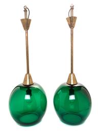 A Pair of Brass and Glass Pendant Fixtures Height 30 inches. — CIRCA 1960