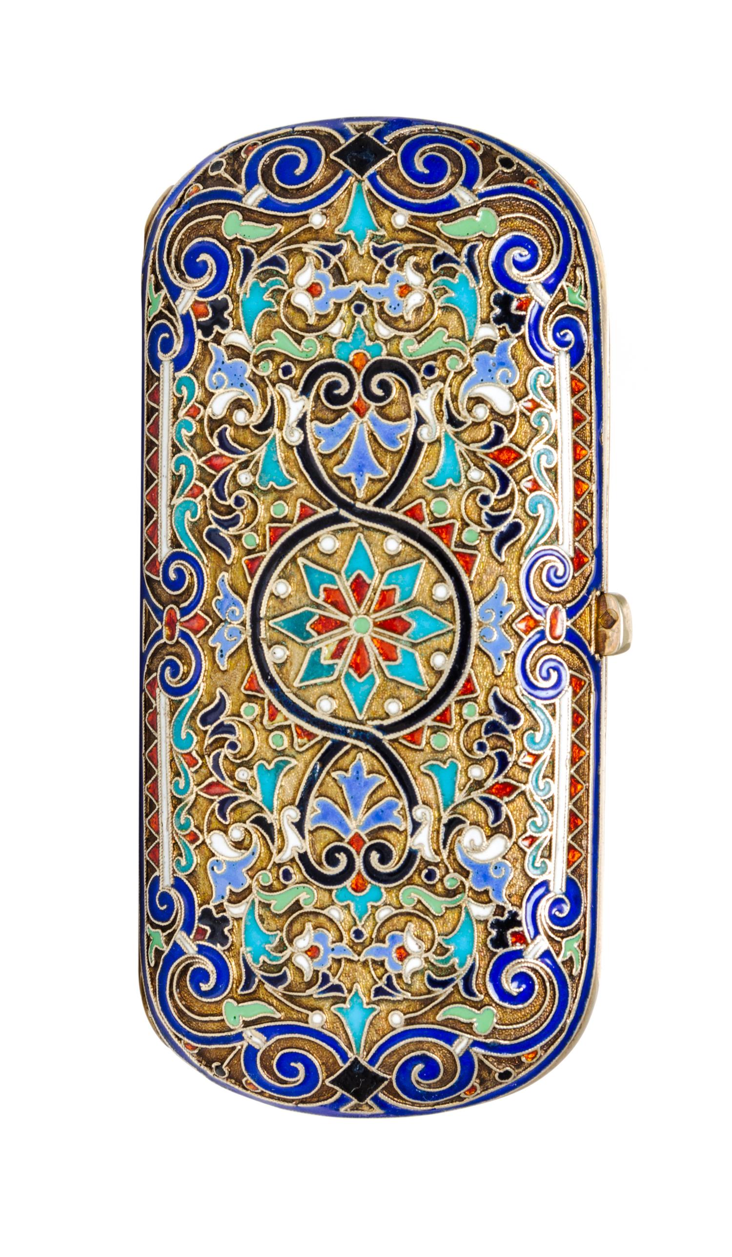 A Russian Enameled Silver-Gilt Cigarette Case, Moscow, 19th/20th Century, of rectangular form centered with a polychrome medallion.