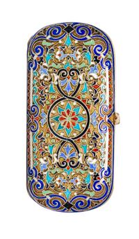 A Russian Enameled Silver-Gilt Cigarette Case, Moscow, 19th/20th Century, of rectangular form centered with a polychrome medallion.