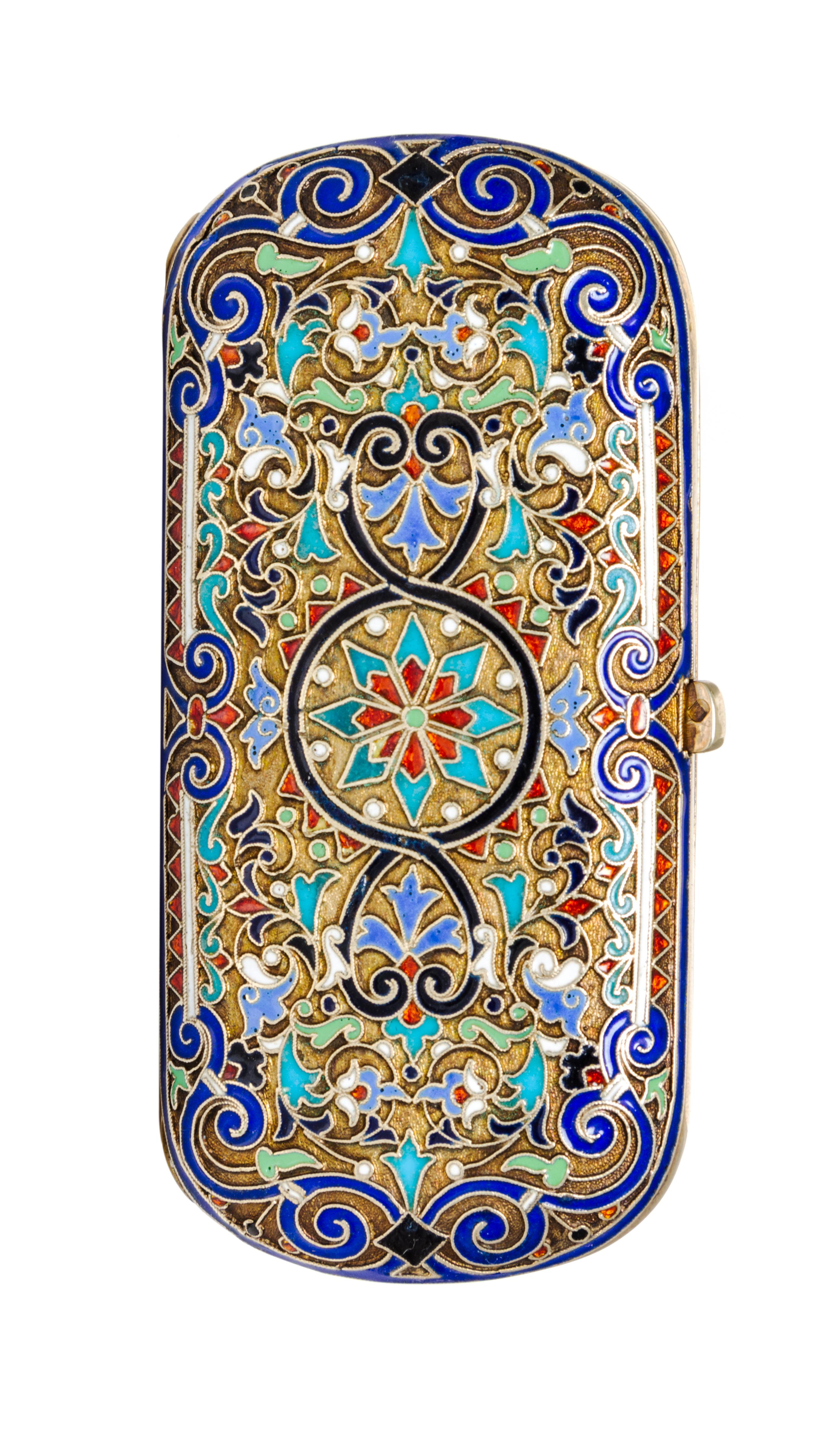 A Russian Enameled Silver-Gilt Cigarette Case, Moscow, 19th/20th Century, of rectangular form centered with a polychrome medallion.