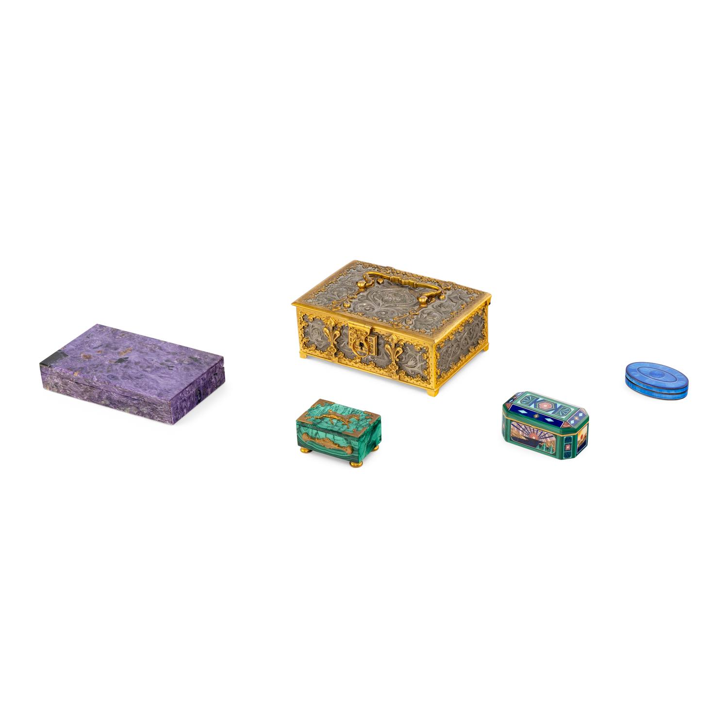 A Group of Five Stone, Metal, and Enamel Boxes