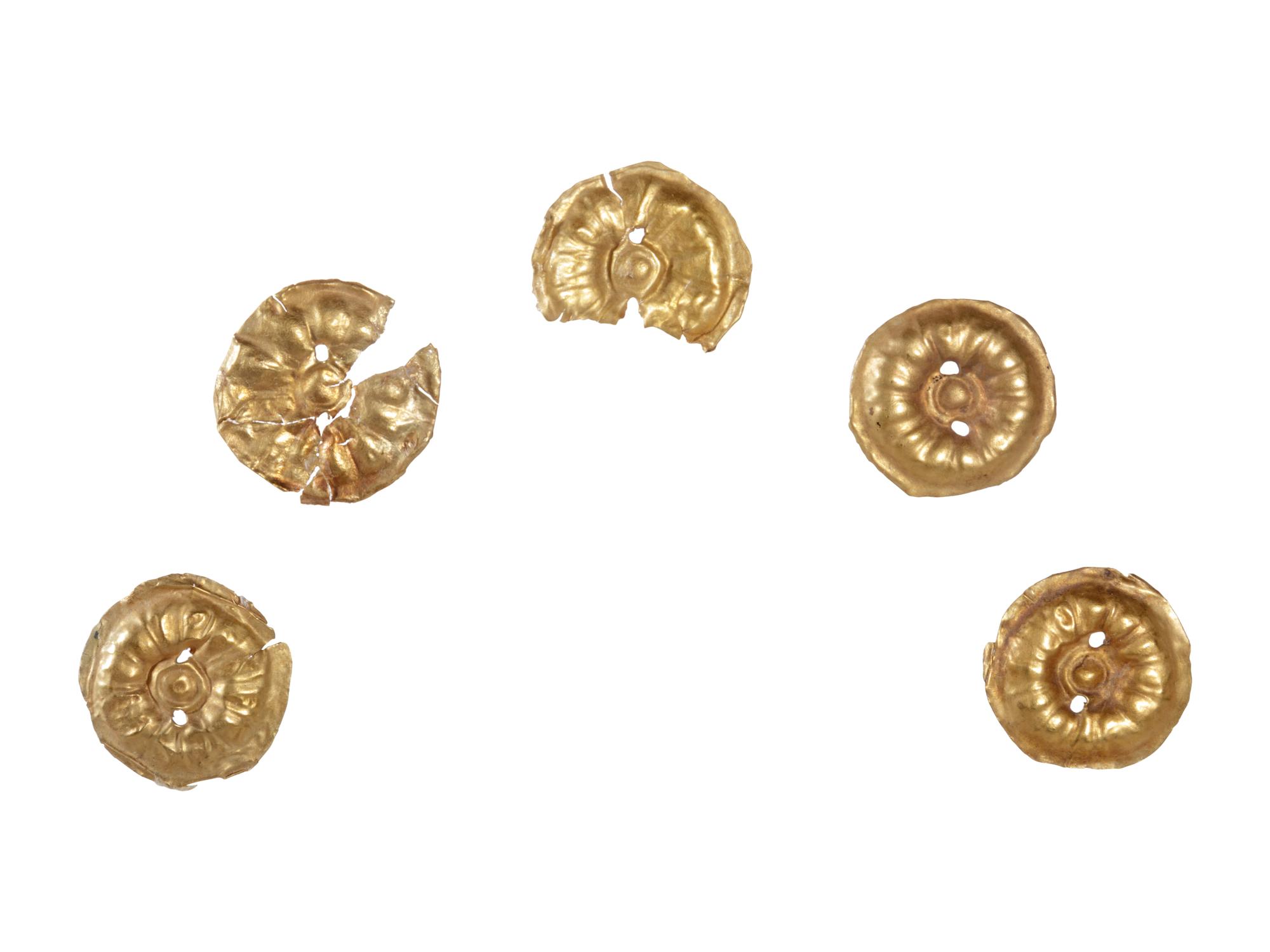 Eleven Gilt Metal or Gold Buttons on an Acrylic Stand