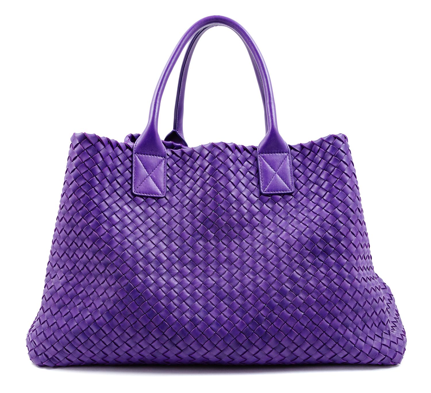A Bottega Veneta Purple Intrecciato Leather Tote, 11.25" H x 19.5" W x 9" D; Handle drop: 7"; Pouch: 6.25" x 10.5".