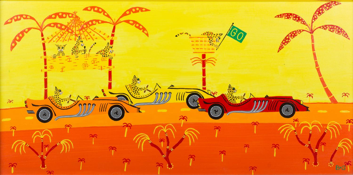 Barry Van Gerbig, (American, 20th Century), comprising of three scenes, Scenes of Cheetahs in Comical Desert Settings