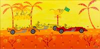 Barry Van Gerbig, (American, 20th Century), comprising of three scenes, Scenes of Cheetahs in Comical Desert Settings