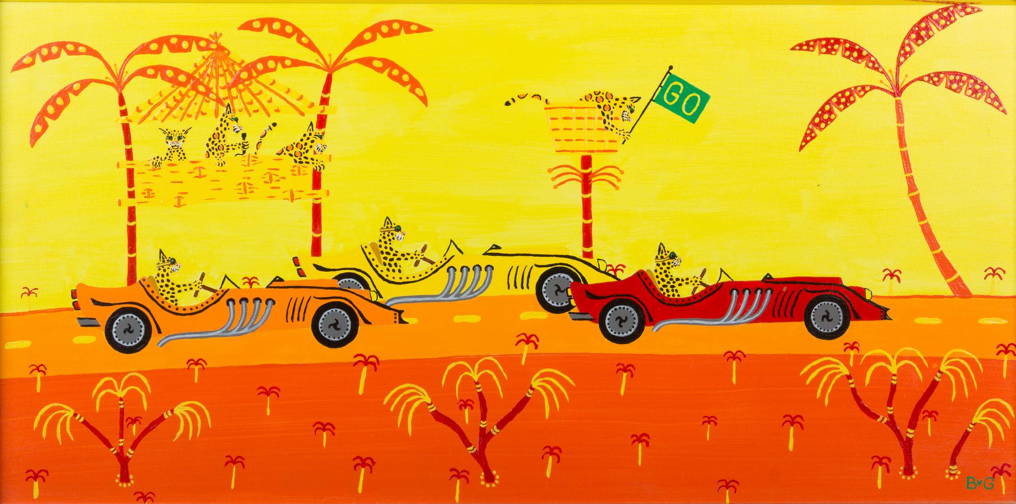 Barry Van Gerbig, (American, 20th Century), comprising of three scenes, Scenes of Cheetahs in Comical Desert Settings