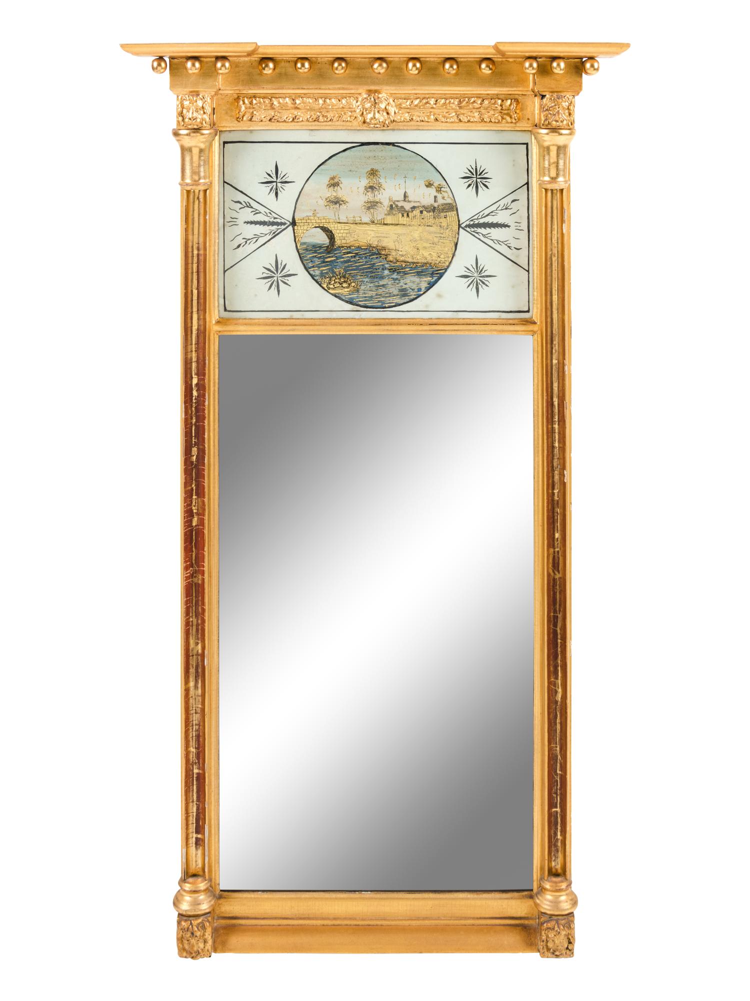 A Federal Giltwood and Églomisé Looking Glass
