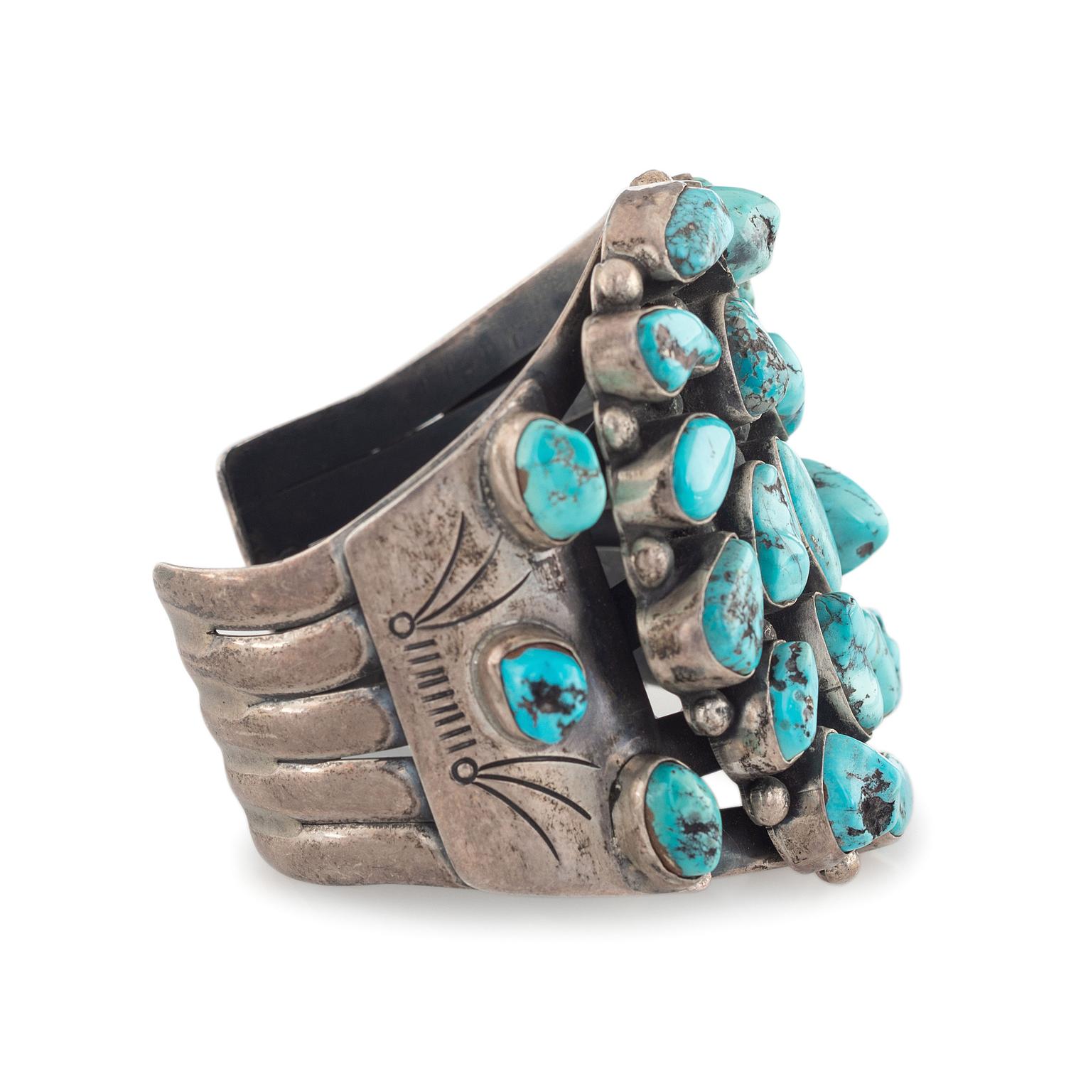 Navajo Silver and Turquoise Cluster Cuff Bracelet
