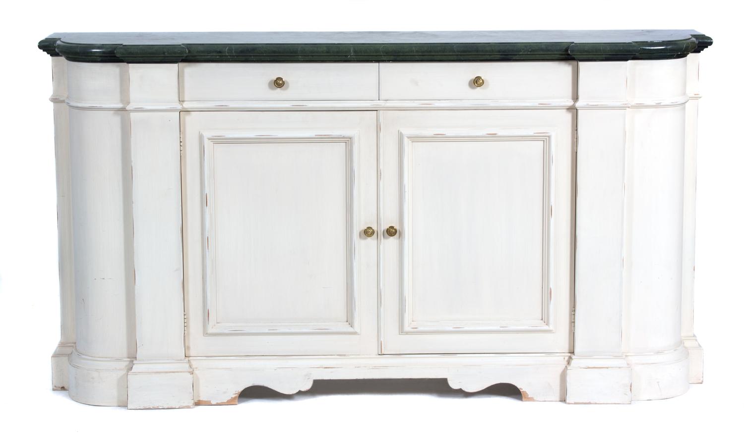 A Custom-made White Painted Console Cabinet with a Faux Green Marble Top Height 39 x width 72 x depth 14 inches. — 20TH CENTURY