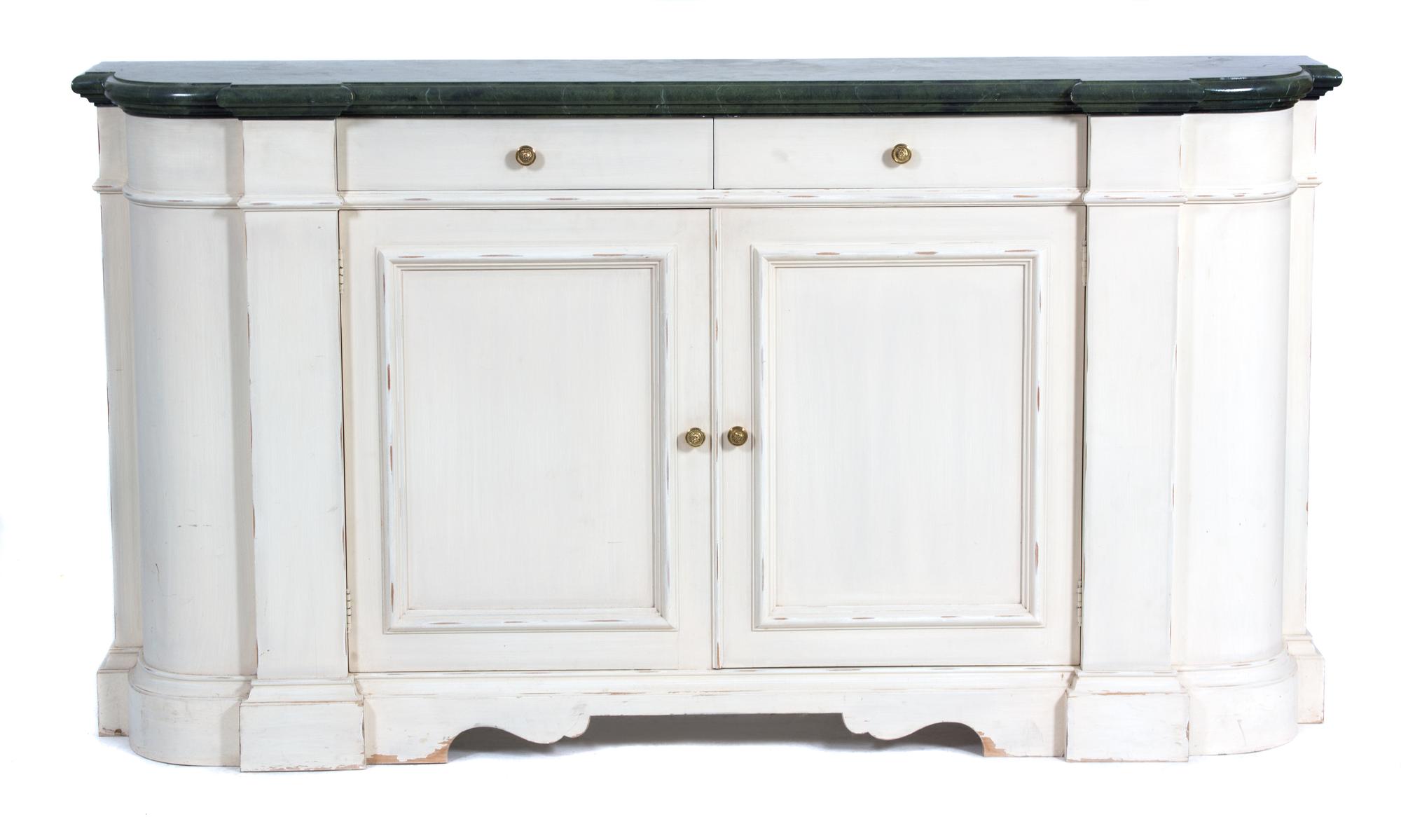 A Custom-made White Painted Console Cabinet with a Faux Green Marble Top Height 39 x width 72 x depth 14 inches. — 20TH CENTURY