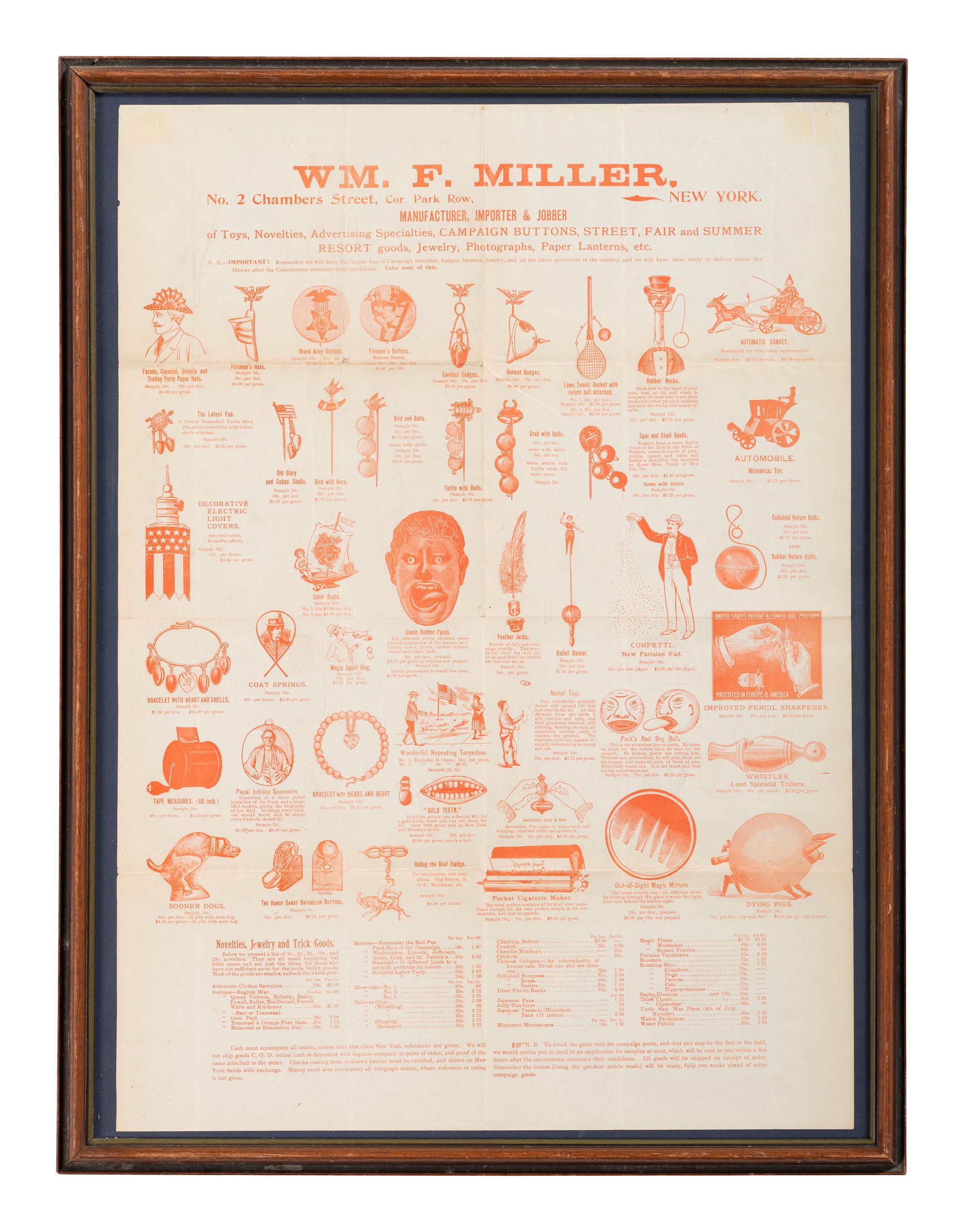 [ADVERTISING]. Wm. F. Miller. Manufacturer, Importer, & Jobber of Toys, Novelties, Advertising Specialties, Campaign Buttons, Street, Fair, and Summer Resort goods, Jewelry, Photographs, Paper Lanterns, etc.. N.p., n.d.