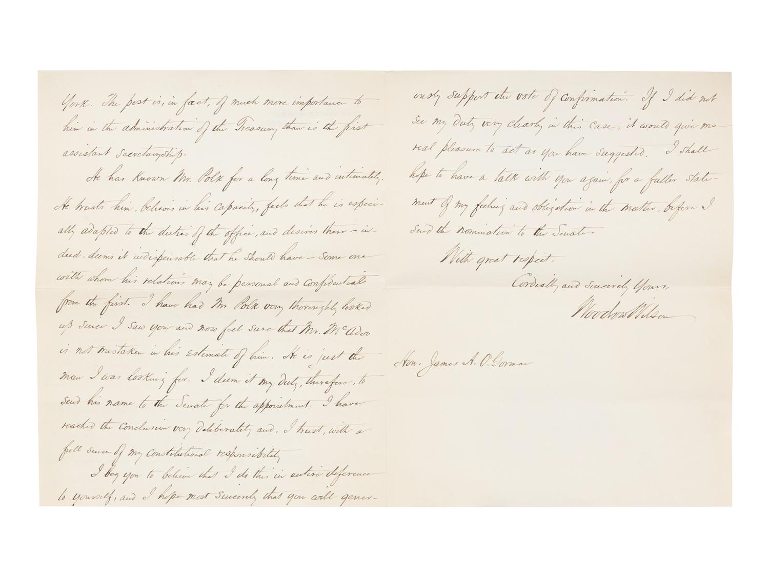 WILSON, Woodrow (1856-1924). Two autograph letters signed, as President, to Senator James A. O'Gorman, 20 April and 5 May 1913, regarding the appointment of the Collector of the Port of New York, comprising: