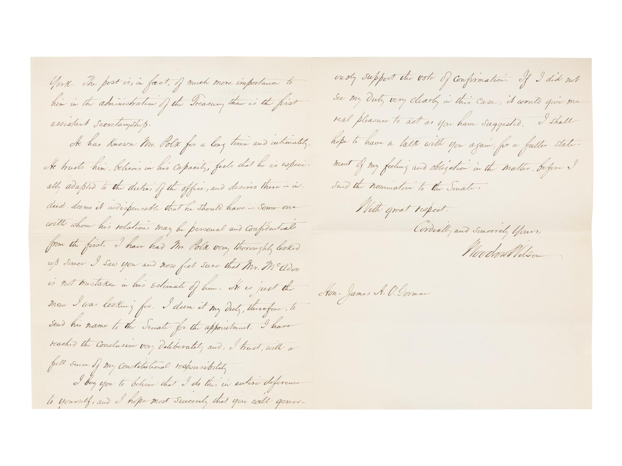 WILSON, Woodrow (1856-1924). Two autograph letters signed, as President, to Senator James A. O'Gorman, 20 April and 5 May 1913, regarding the appointment of the Collector of the Port of New York, comprising: