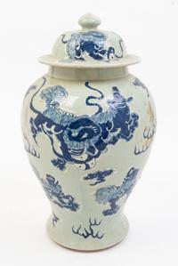 A Pair of Blue and White Porcelain Jars and Covers Height 17 1/2 inches.