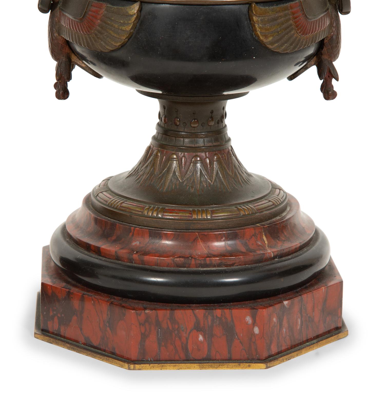 A Pair of French Egyptian Revival Bronze and Marble Urns