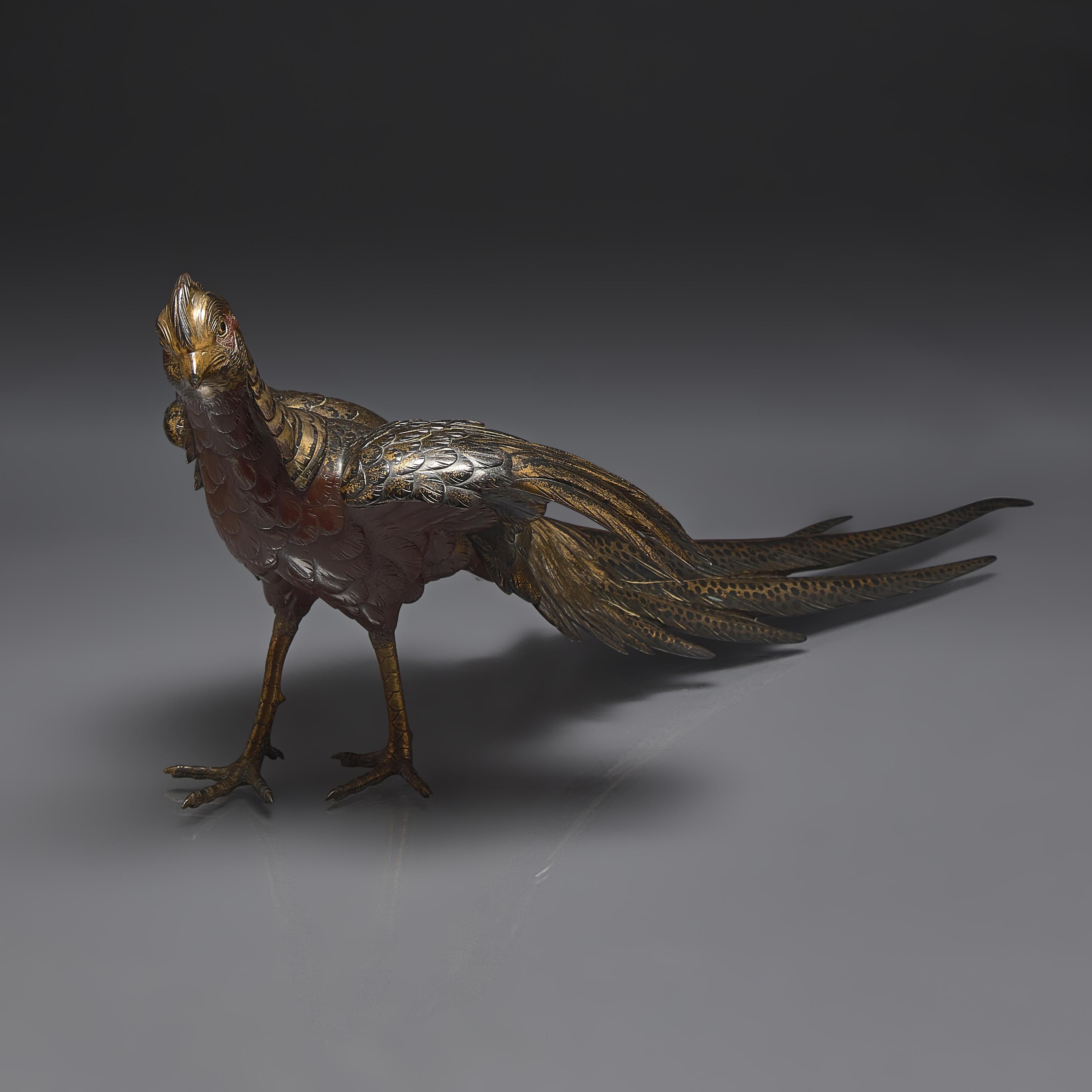 A Japanese Parcel-Gilt and Patinated Bronze Figure of a Pheasant, Masatsune, Meiji Period — 日本明治時期 ”政常鑄“銅雉鷄