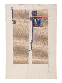 DOMINICAN PAINTER? (active Paris, mid-13th century) A leaf from the Chester Beatty Bible, with a historiated initial ‘P’ of God appearing to St. Paul, in Latin, illuminated manuscript on parchment (France, Paris, c. 1250-1275)
