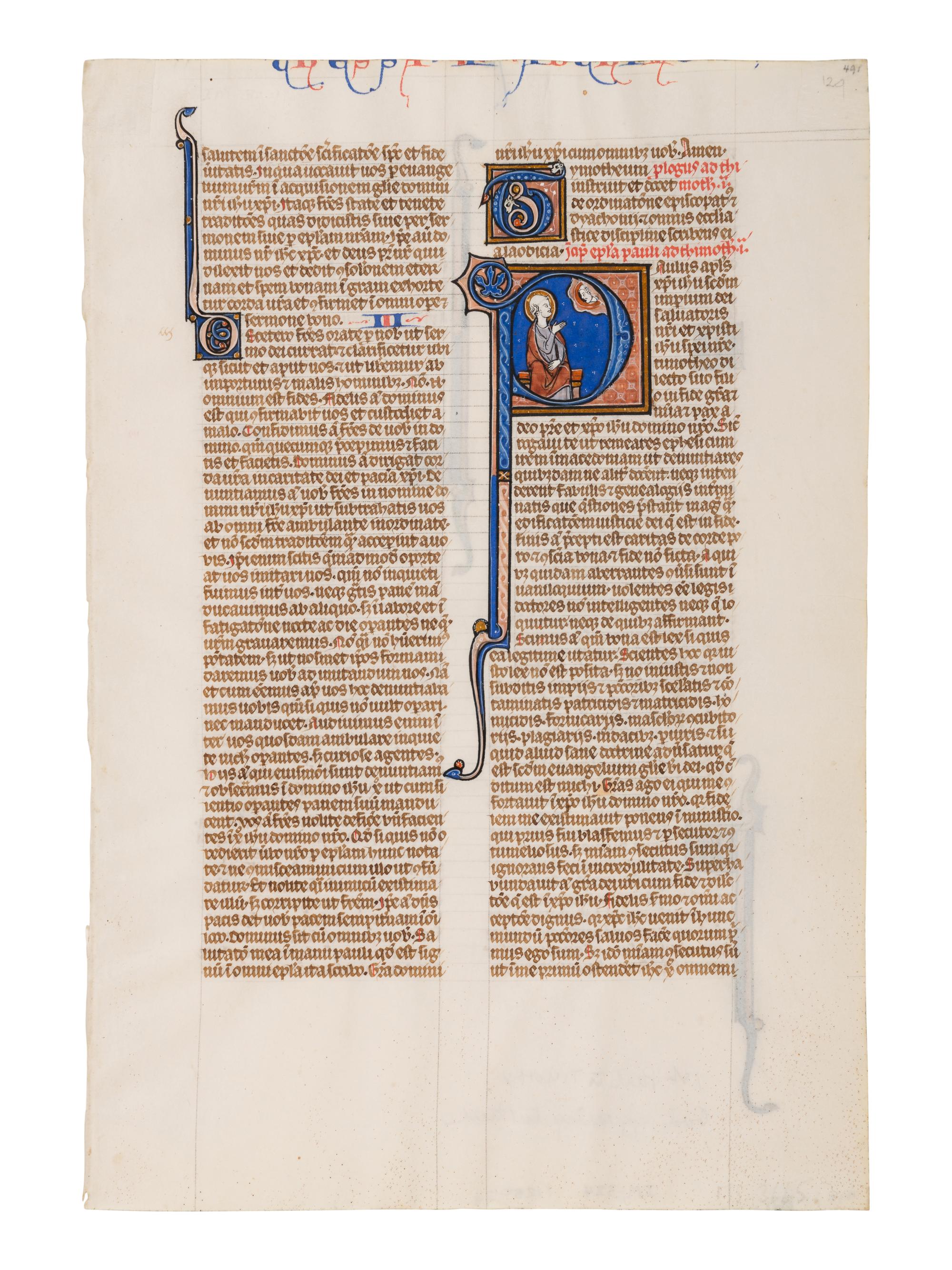 DOMINICAN PAINTER? (active Paris, mid-13th century) A leaf from the Chester Beatty Bible, with a historiated initial ‘P’ of God appearing to St. Paul, in Latin, illuminated manuscript on parchment (France, Paris, c. 1250-1275)