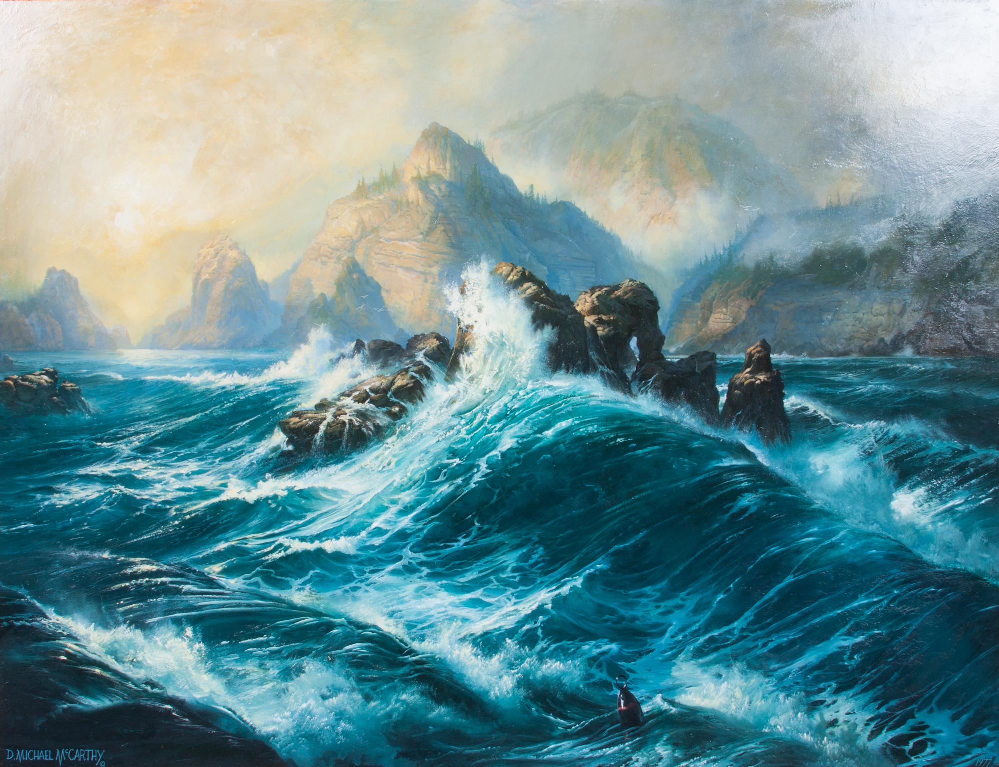 Michael McCarthy, (American, b. 1951), Crashing Waves with Rugged Mountain Vista, 1977