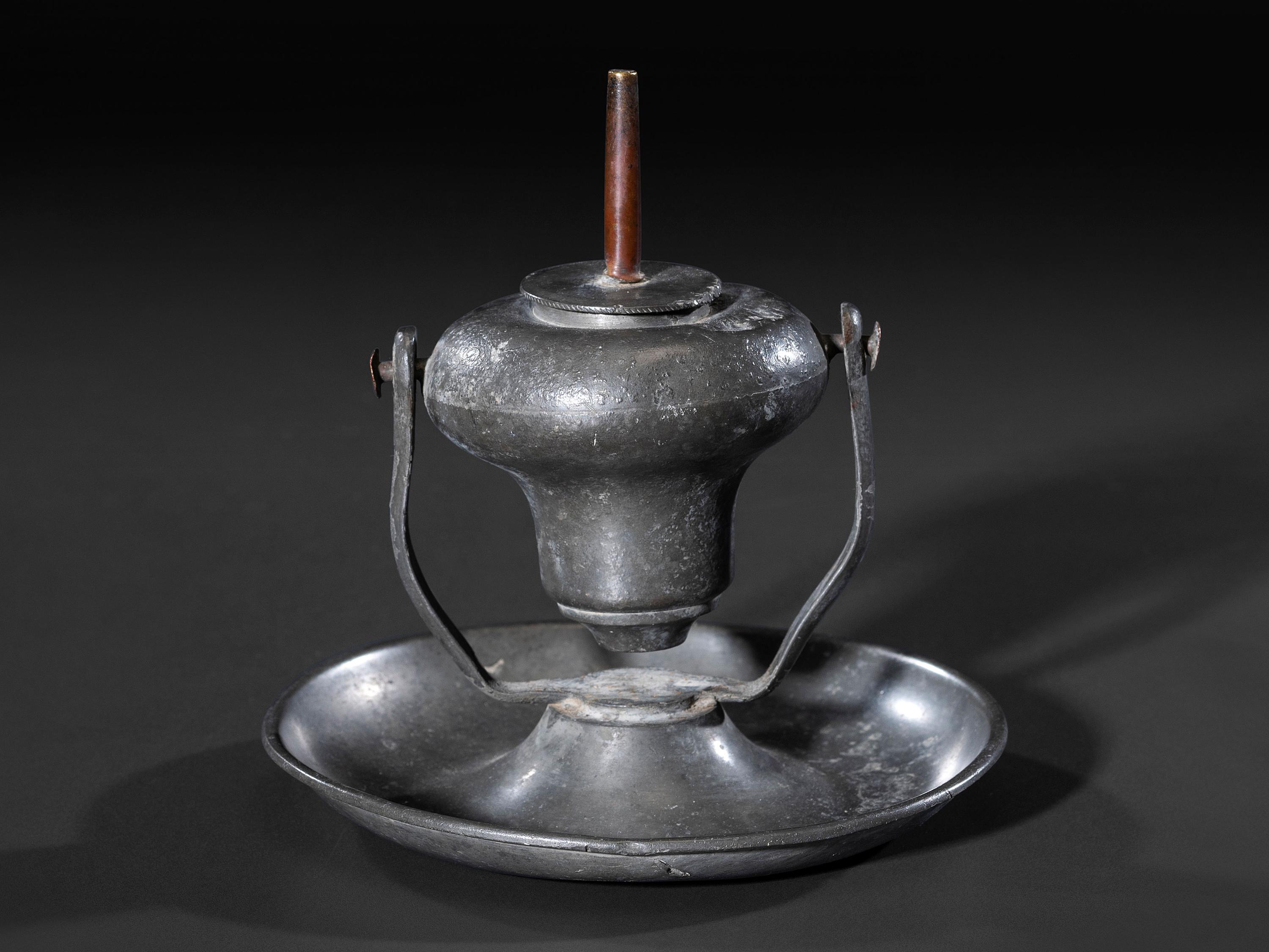 A Pewter Gimbaled Whale Oil Lamp