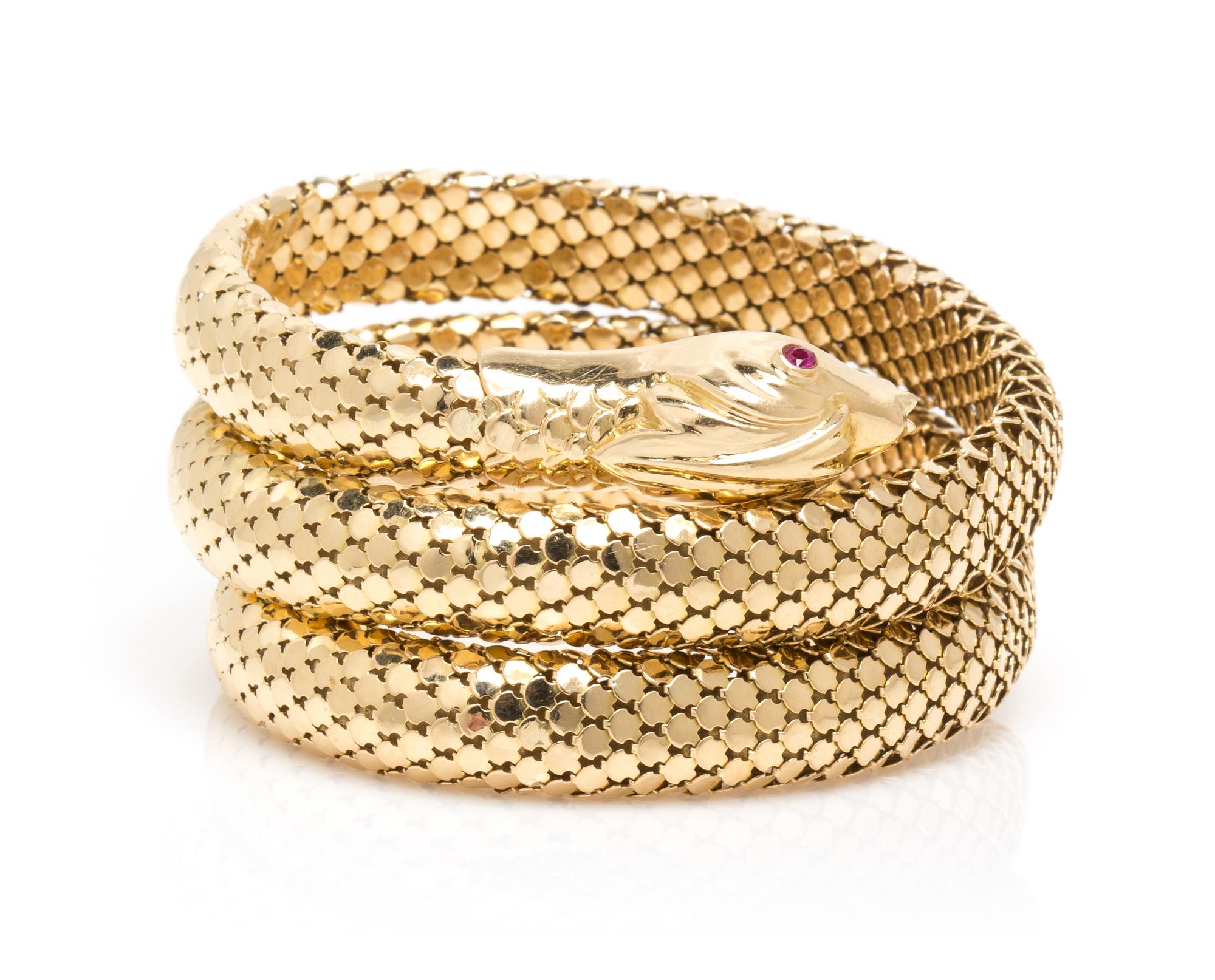 An 18 Karat Yellow Gold and Ruby Flexible Serpent Bracelet, Italian, 38.90 dwts.