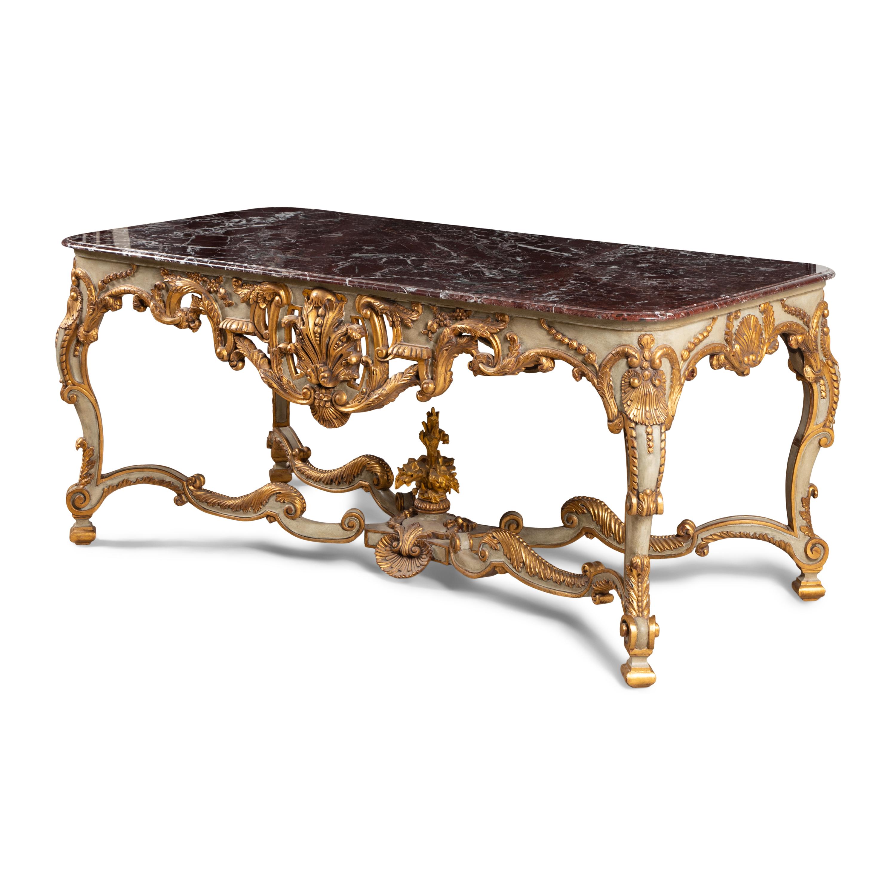 A Régence Style Painted and Parcel Gilt Marble-Top Center Table