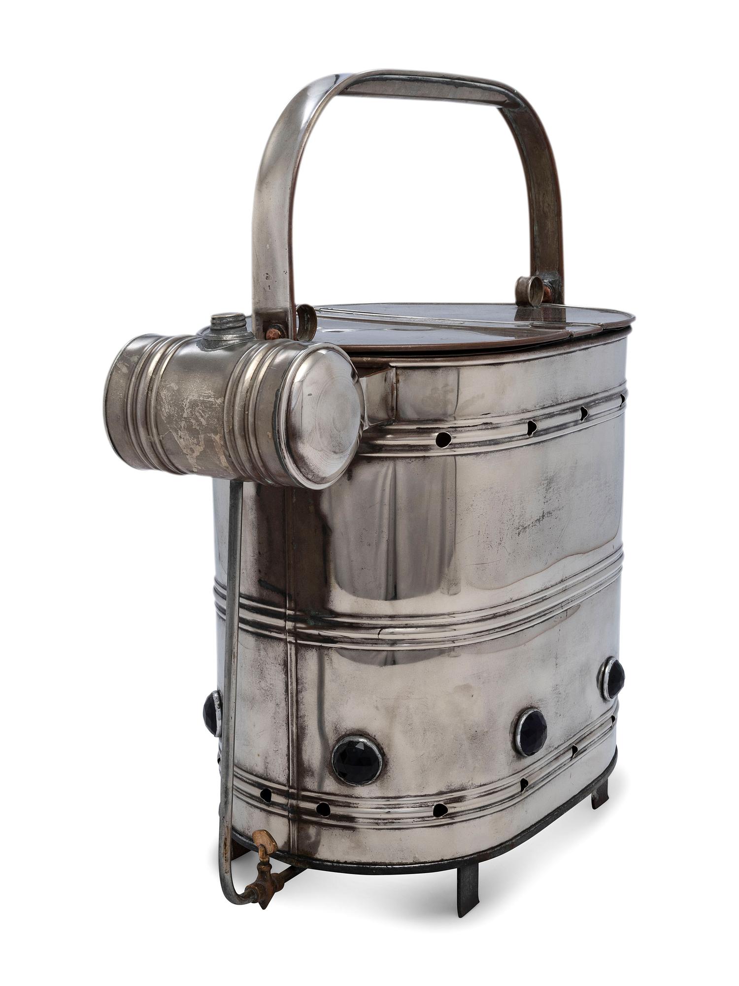 An American Nickel-Plated Copper Hotdog Vendor Steamer with Burner and Jewels